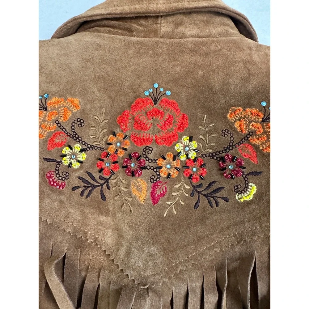 Gap Kids XXL 14-16 Brown Suede Fringe Western Jacket Floral Embroidered western